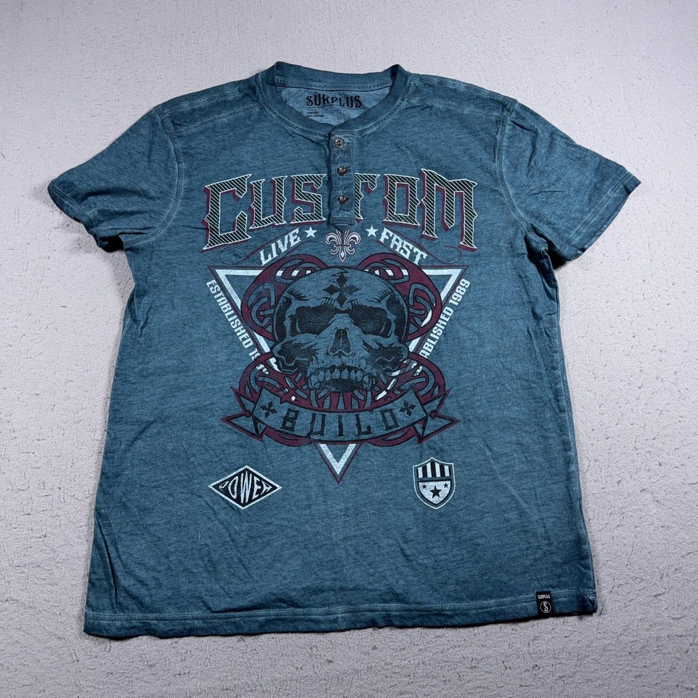 Surplus Custom Build Skull Graphic Henley Men Large Graphic Teal Blue Streetwear